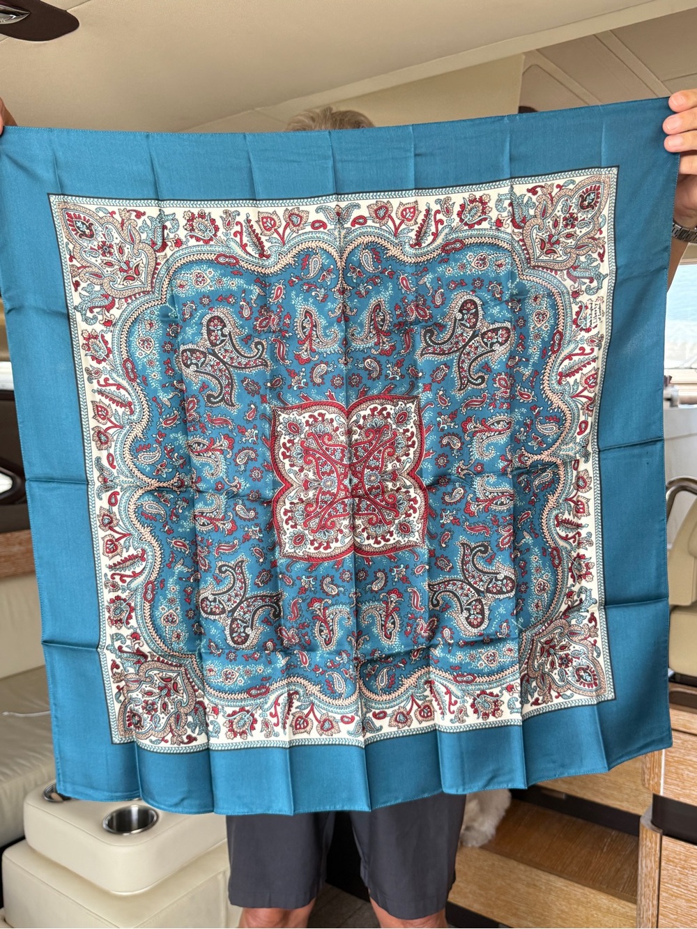 Liberty of London Teal Paisley Silk Scarf with Red and Cream Accents